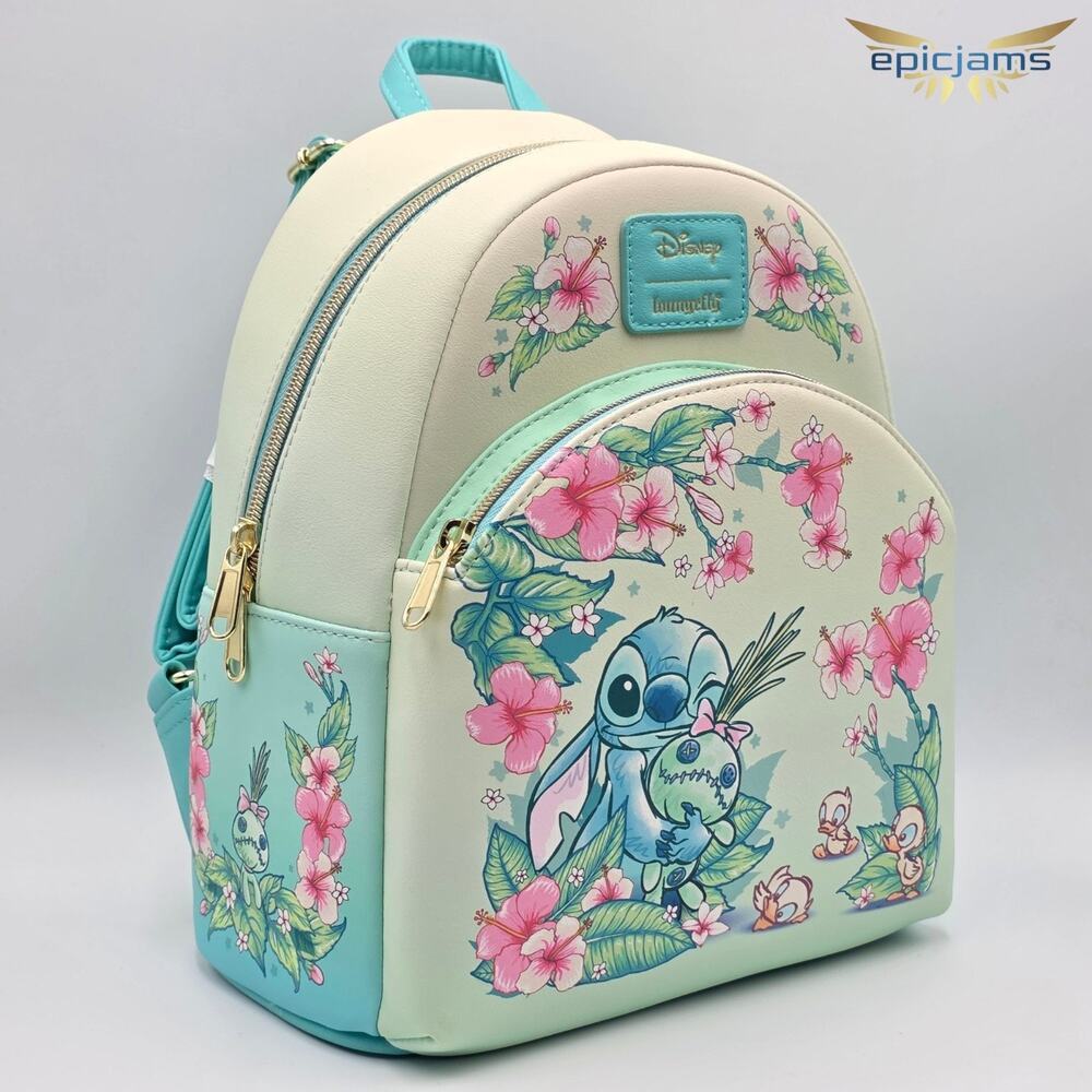 Loungefly Disney Lilo & Stitch Floral Mint Green Mini Backpack New - Picture 2 of 6